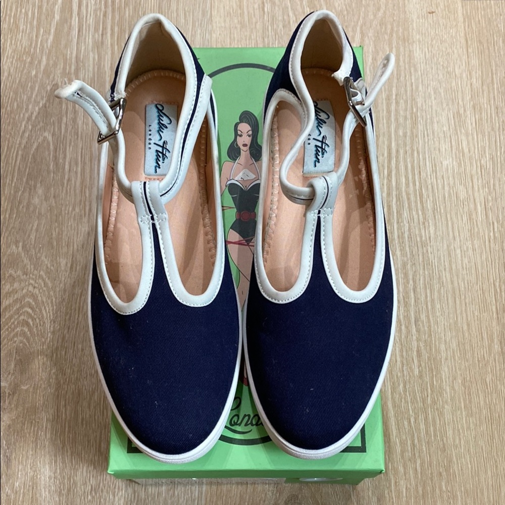 Navy Blue and White Lulu Hun London Women's May Jane Flat Retro Vintage Shoes